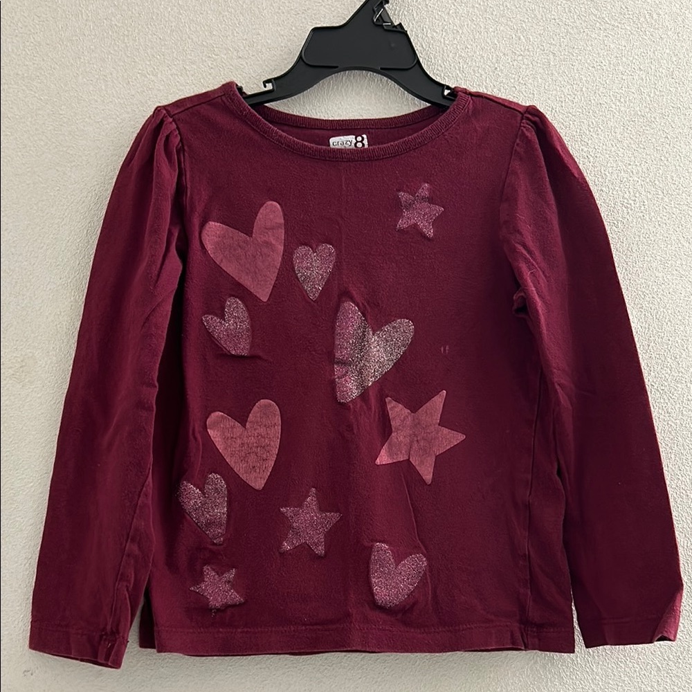 🌺 Girls' Maroon Heart and Star Long Sleeve Top Basic Essential Everyday Tee 5/6